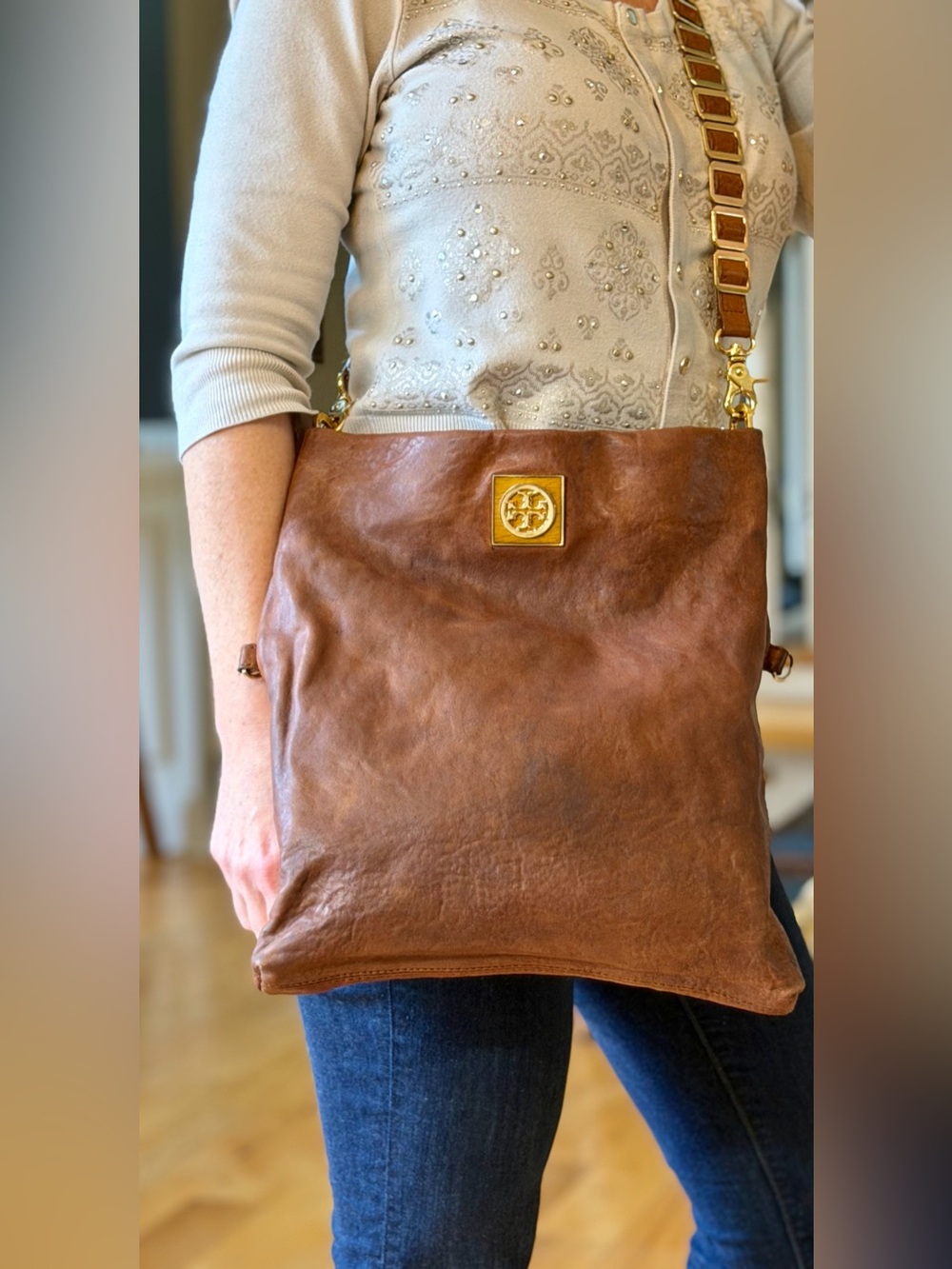 Tory Burch Rare Hard to Find BoHo Louisa Leather Messenger Bag Cognac Brown